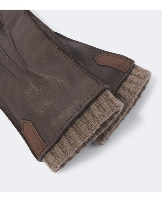Canali Brown Cashmere-Trimmed Leather Gloves for men