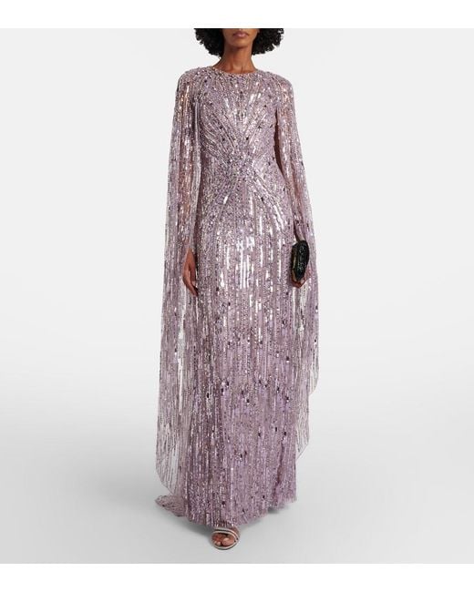 Jenny Packham Purple Elio Embellished Caped Gown