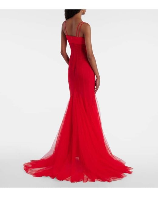 David Koma Red Robe Aus Satin Und Tuell