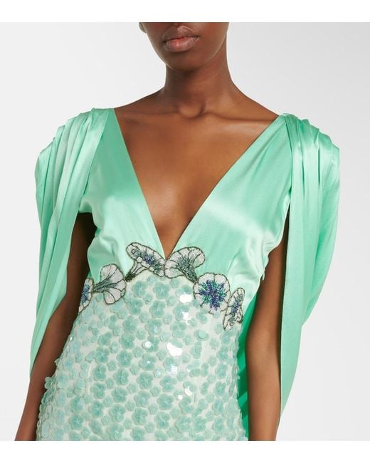 La Fuori Green Sequined Caped Open-Back Gown