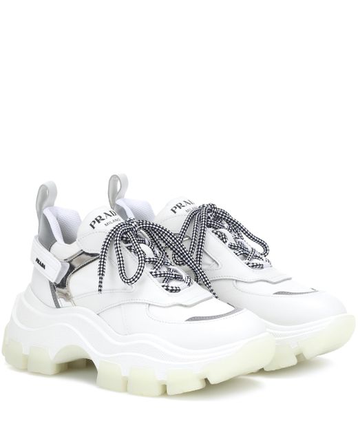 Prada White Pegasus Metallic-paneled Leather And Canvas Sneakers
