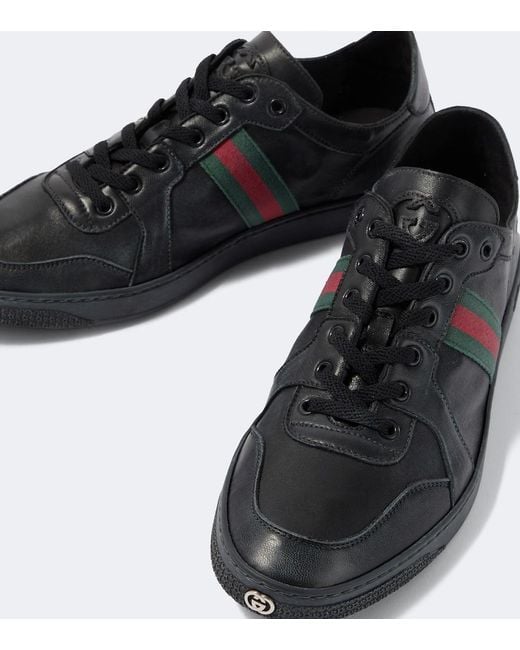 Gucci Black Stretch Web Stripe Leather Sneakers for men
