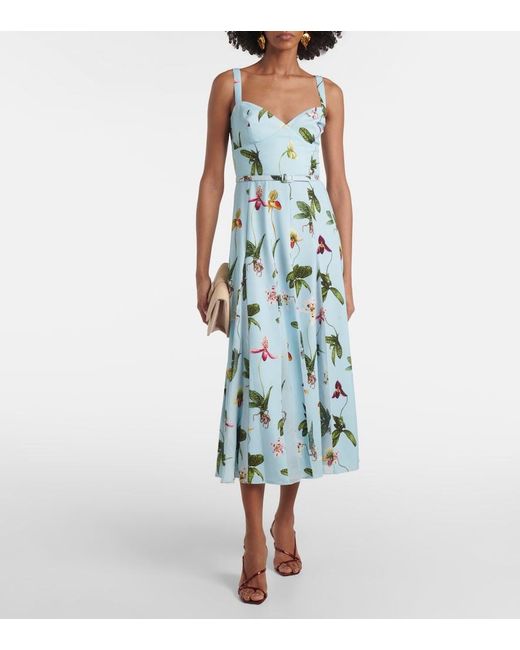 Oscar de la Renta Blue Floral Belted Cady Midi Dress