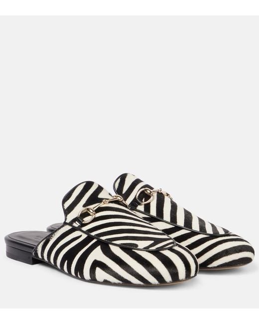 Gucci White Horsebit Zebra-Print Calf Hair Mules
