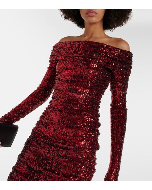 Dolce & Gabbana Red Sequined Off-Shoulder Ruched Gown