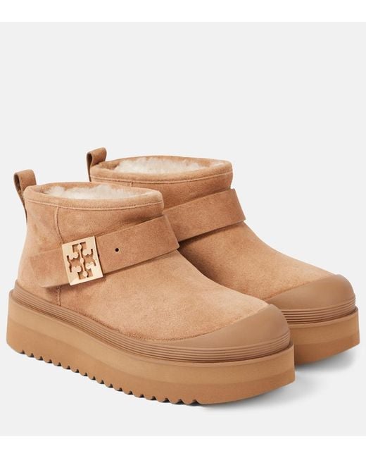 Tory Burch Brown Mellow Shearling-Lined Suede Platform Ankle Boots