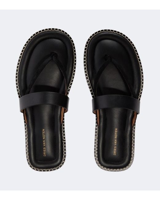 Dries Van Noten Black Leather Thong Sandals for men