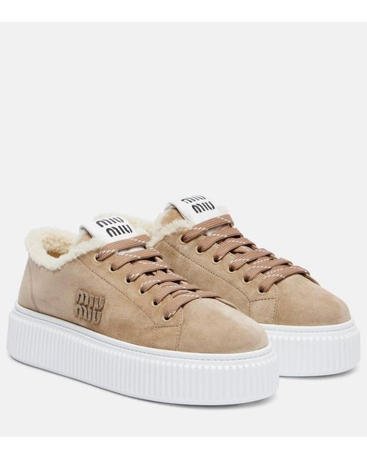 Miu Miu Natural Shearling-Lined Suede Platform Sneakers