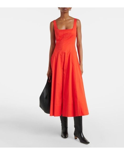 Staud Red Wells Cotton Poplin Midi Dress