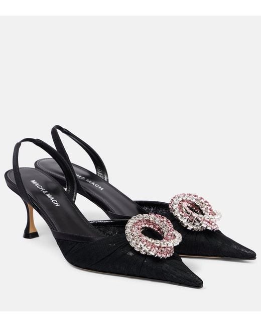 Mach & Mach Black Slingback-Pumps Galaxy Aus Mesh Mit Kristallen