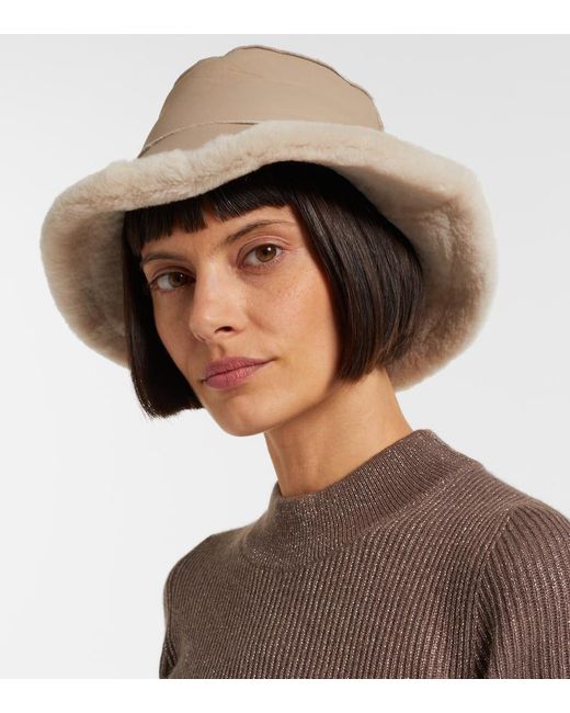 Brunello Cucinelli Natural Shearling-Trimmed Leather Boater Hat