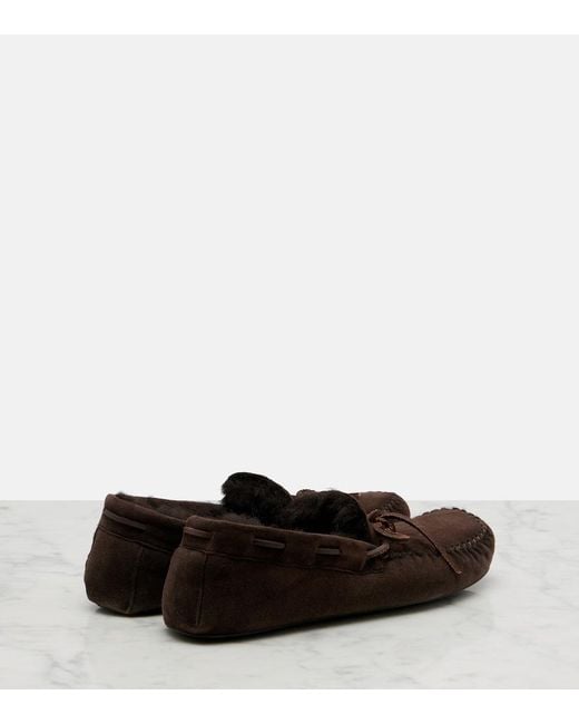 The Row Brown Lucca Shearling-Trimmed Suede Boat Shoes