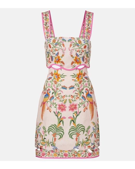 Vestido Corto De Lino Floral Farm Rio de color White