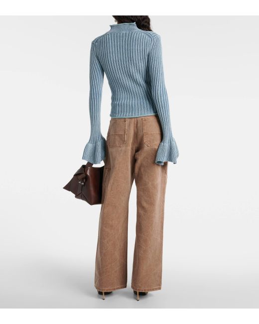 Acne Blue Ruffle-trimmed Cotton-blend Sweater