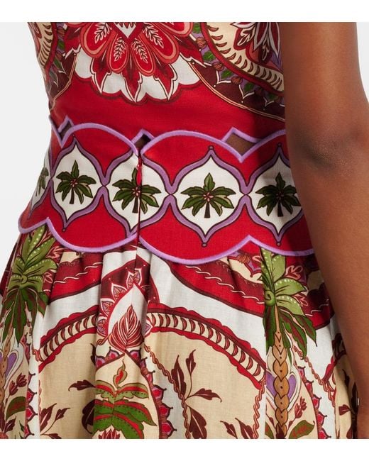 Farm Rio Red Odara Scalloped Linen-Blend Midi Skirt