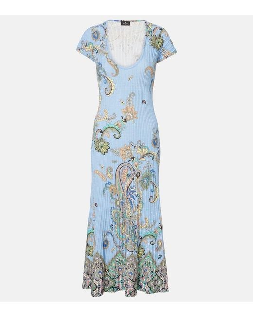 Robe Midi Imprimee En Coton Melange Etro en coloris Blue