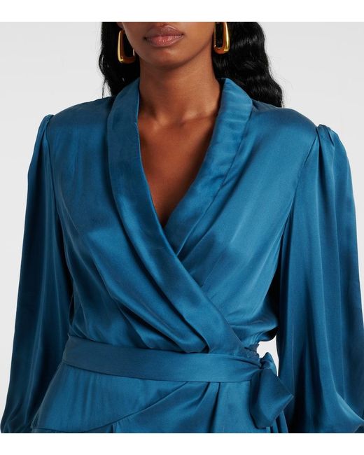 zimmermann silk wrap dress blue Zimmermann Blue Asymmetric Ruffled Silk Satin Midi Wrap Dress AU3/US10
