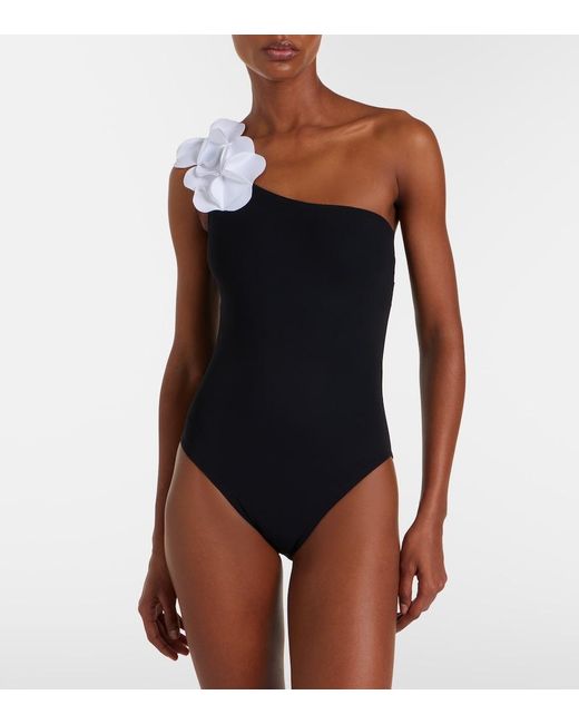 Karla Colletto Black Tess One-Shoulder Floral-Applique Swimsuit