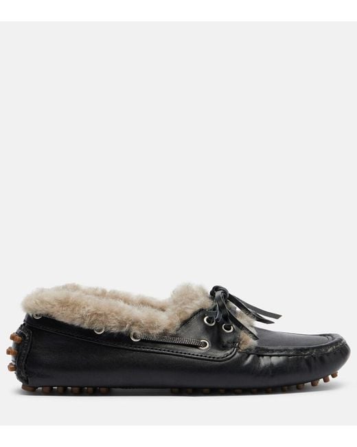 Brunello Cucinelli Black Monili Shearling Boat Shoes