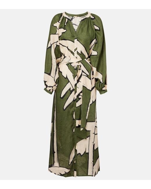 Johanna Ortiz Green Printed Linen Maxi Dress