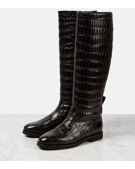 Brunello Cucinelli Black Croc-Effect Leather Knee-High Boots