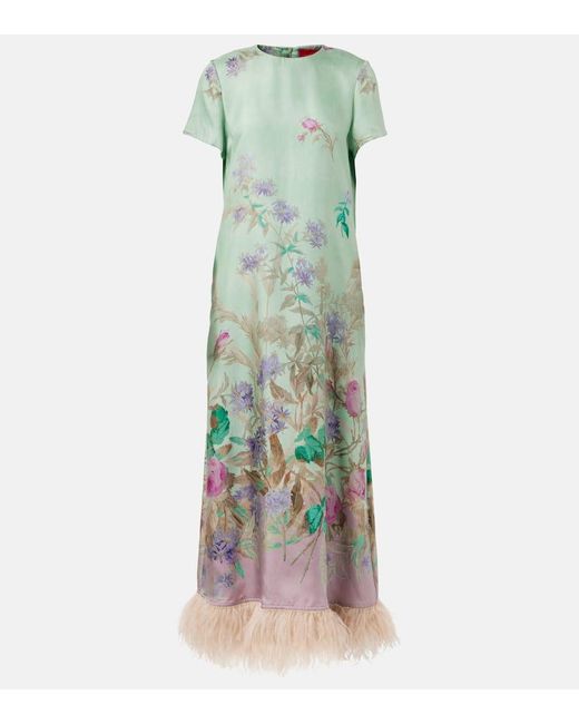 LaDoubleJ Green Swing Feather-Trimmed Silk Maxi Dress