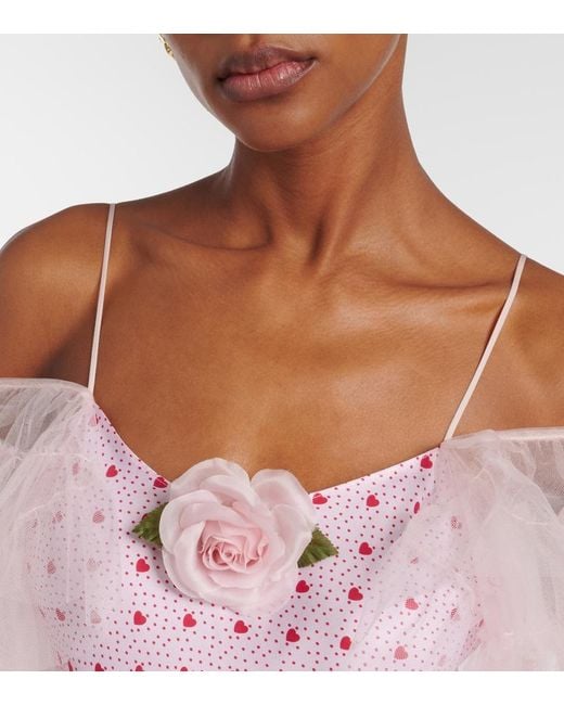Rodarte Pink Floral-Applique Printed Silk Slip Dress