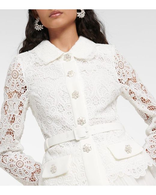 Self-Portrait White Belted Waist Crystal Embellished Guipure Lace Midi Dress
