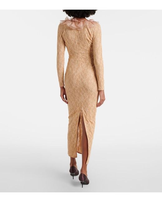 Alessandra Rich Natural Ruffled Lace Midi Dress
