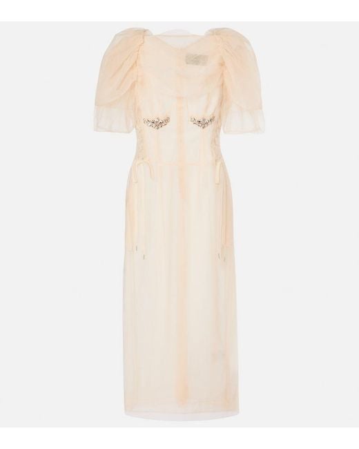 Simone Rocha Natural Embellished Ruched Mesh Midi Dress