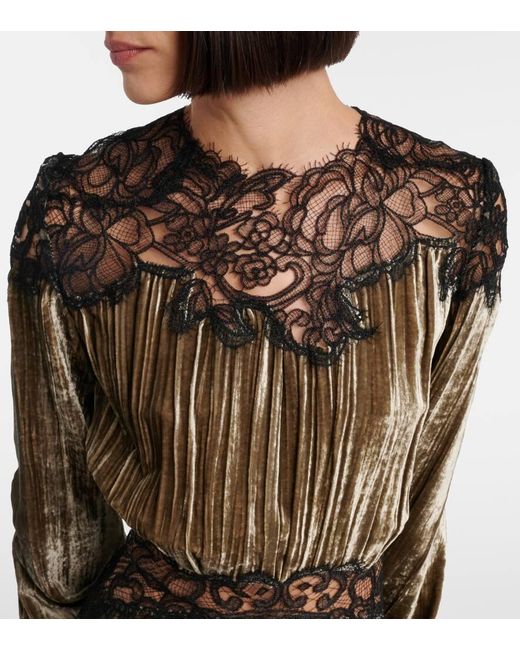 Costarellos Gray Senna Lace-Trimmed Plisse Velvet Gown