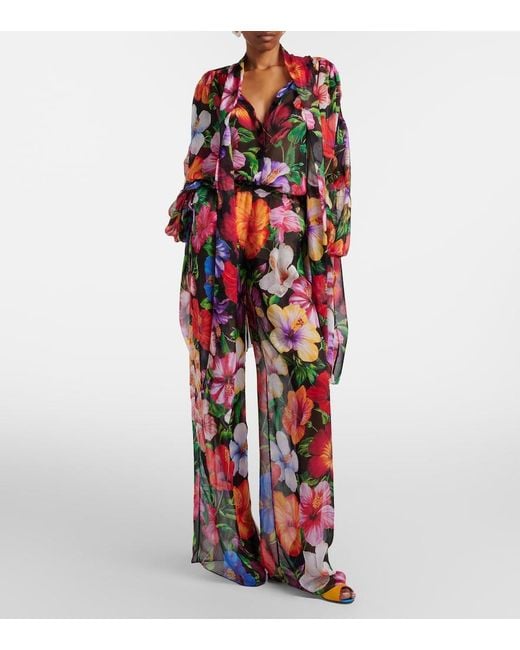 Dolce & Gabbana Red Floral Silk Chiffon Wide-Leg Pants