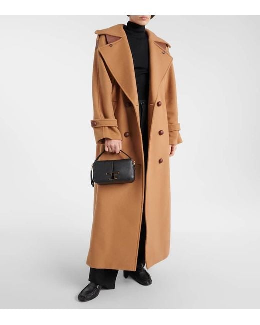 Tod's Brown Leather-trimmed Wool Coat