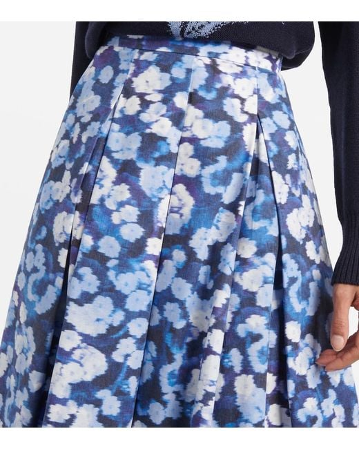 Erdem Blue Floral Pleated Cotton Midi Skirt