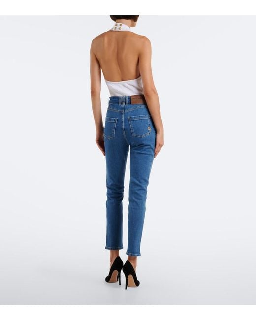 Jeans Cropped Con Cinturon Balmain de color Blue