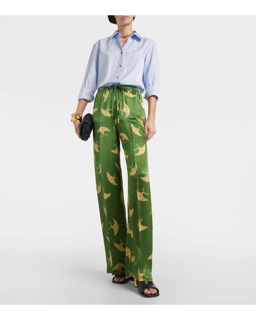 Pantalones anchos en saten de seda Dries Van Noten de color Green
