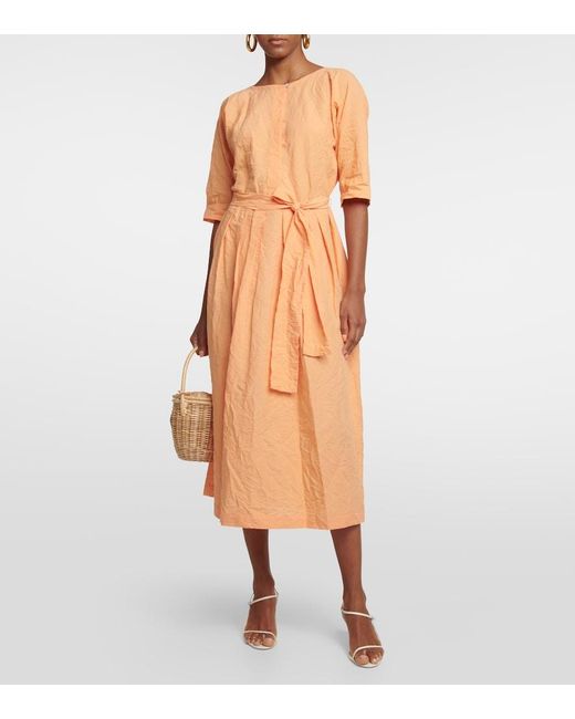 Vince Orange Belted Linen And Cotton Dress