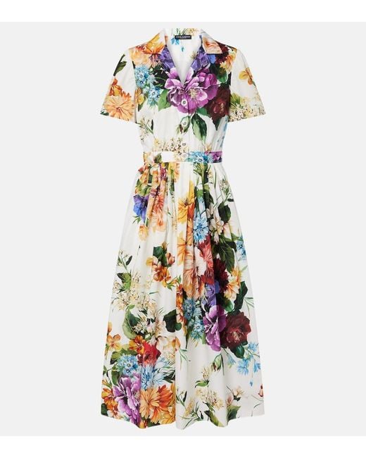 Dolce & Gabbana White Pleated Floral-Print Cotton-Poplin Midi Dress