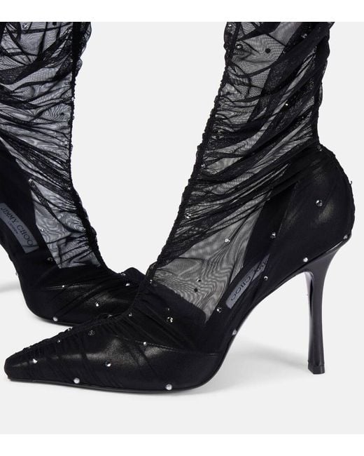 Jimmy Choo Black Lotta 100 Embellished Tulle Over-The-Knee Boots