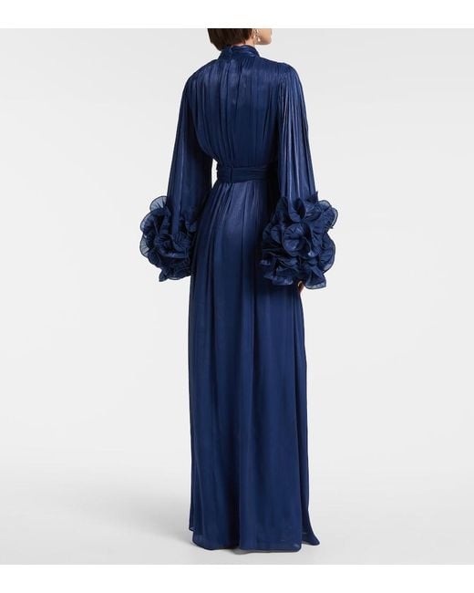 Costarellos Blue Draped Ruffled Gown
