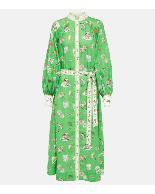 ALÉMAIS Green Printed Linen Midi Dress