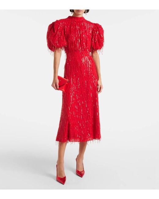 ROTATE BIRGER CHRISTENSEN Red Sequined Puff-Sleeve Midi Dress