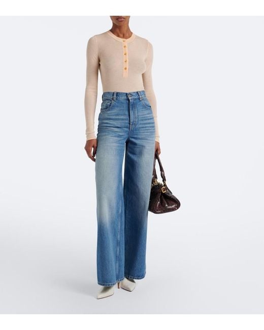Chloé Natural Ribbed-Knit Silk-Trimmed Wool Henley Shirt