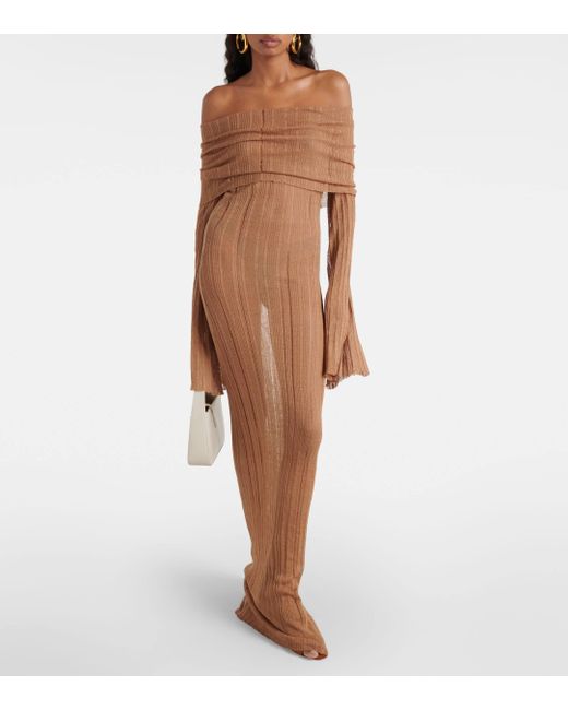 AYA MUSE Brown Atra Off-shoulder Linen-blend Maxi Dress