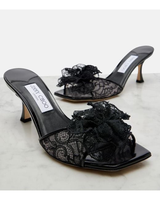 Jimmy Choo Black Skye Corsage Floral-Applique Lace Mules
