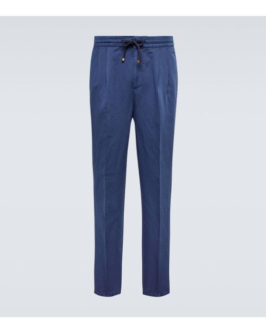 Brunello Cucinelli Blue Linen And Cotton Pants for men