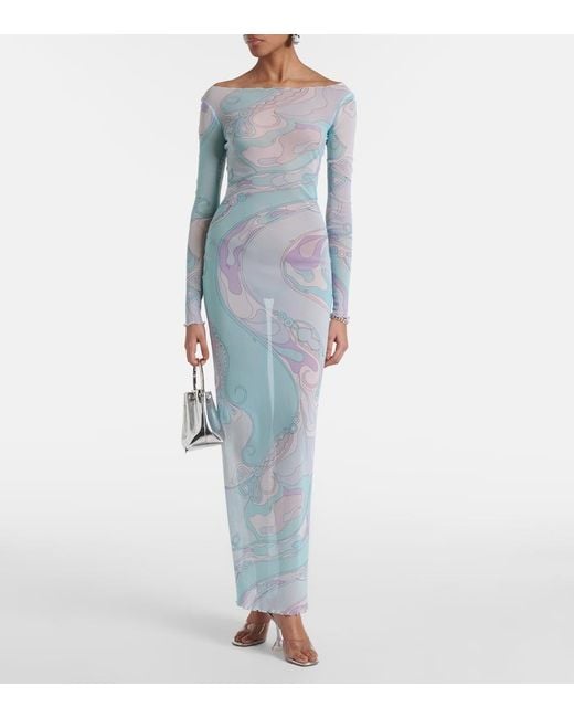 Emilio Pucci Blue Orchidee Tulle Maxi Dress