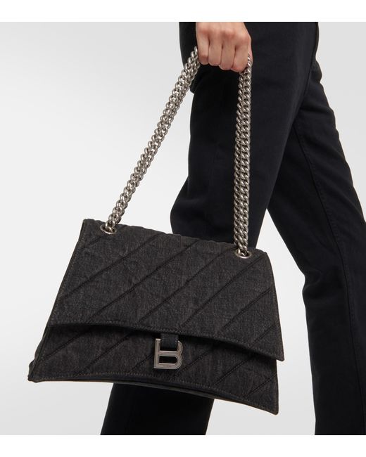 Crush Medium Croc Effect Leather Shoulder Bag in Black