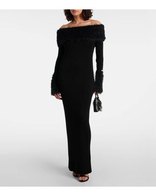 Jean Paul Gaultier Black Ribbed-Knit Faux Fur-Trimmed Maxi Dress