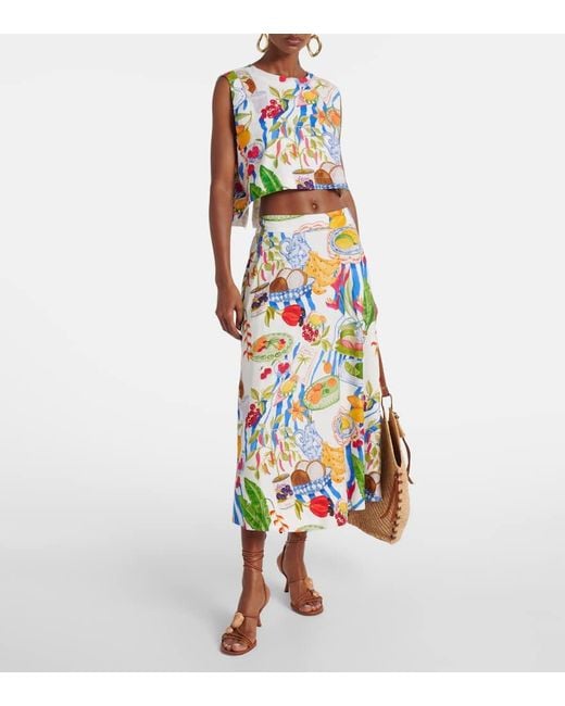 Jupe Midi Imprimee En Lin Melange Farm Rio en coloris White